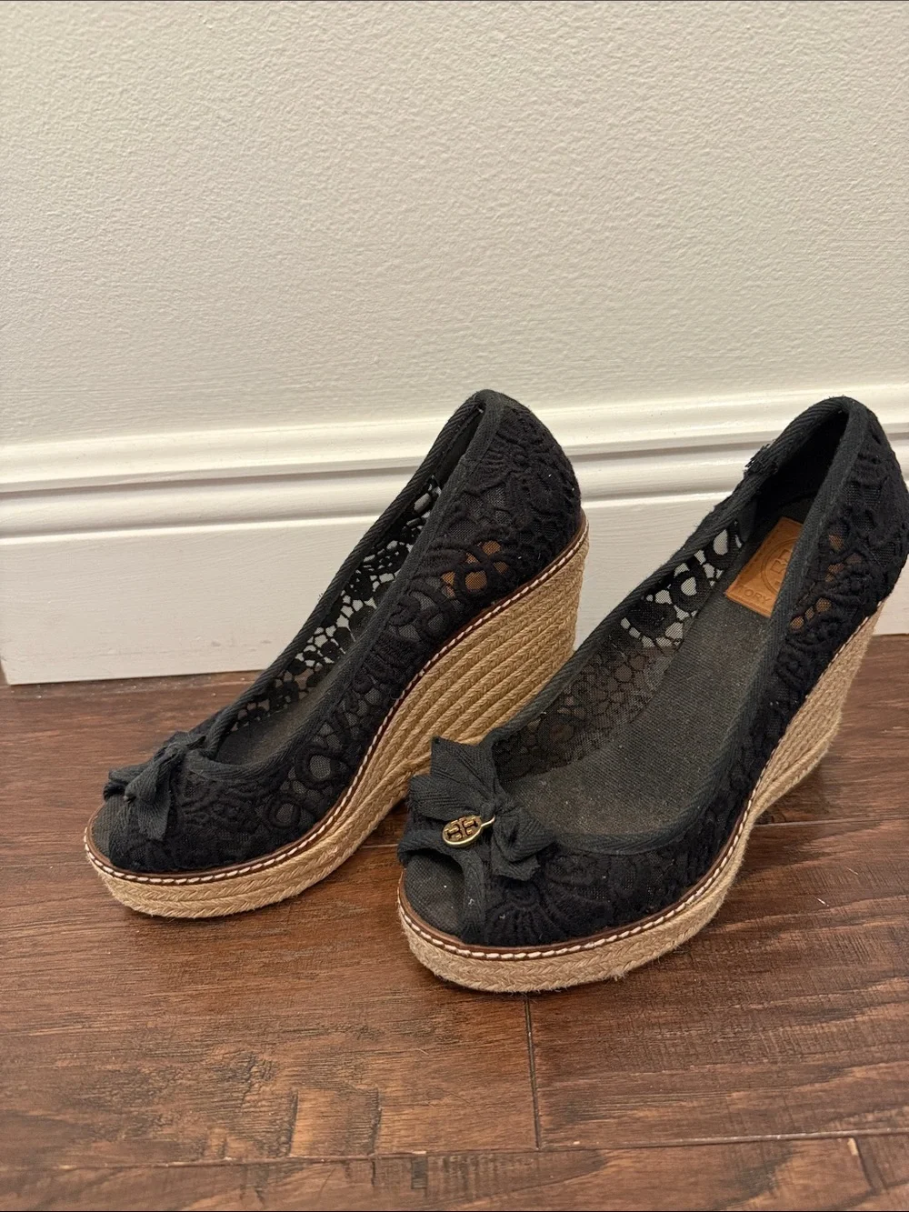 Tory Burch Black Lace Espadrille Wedge Flats with Logo Charm